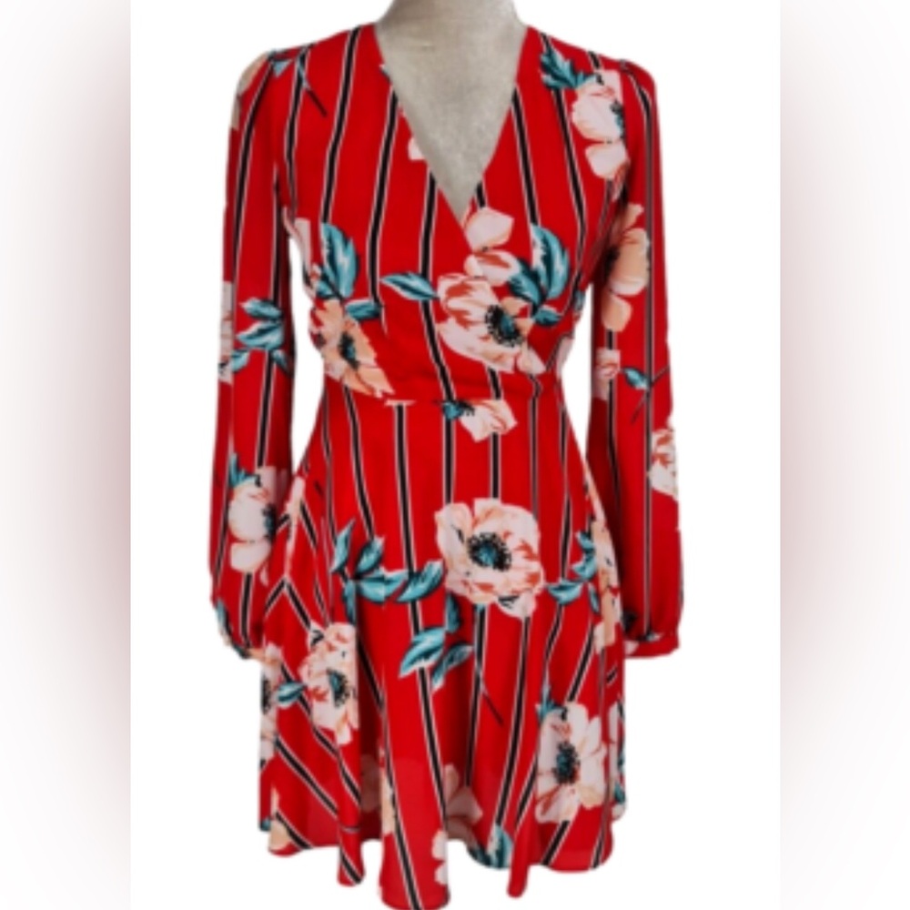 Floral Red Striped Wrap Dress